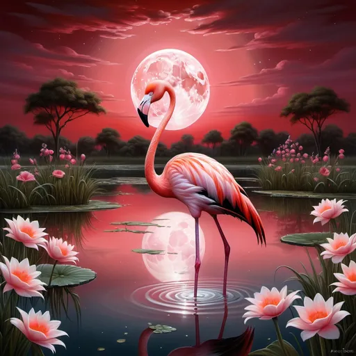 Prompt: a painting of a flamingo standing in a pond with flowers and a full moon in the background with a red sky, Anne Stokes, space art, highly detailed digital painting, a fine art painting