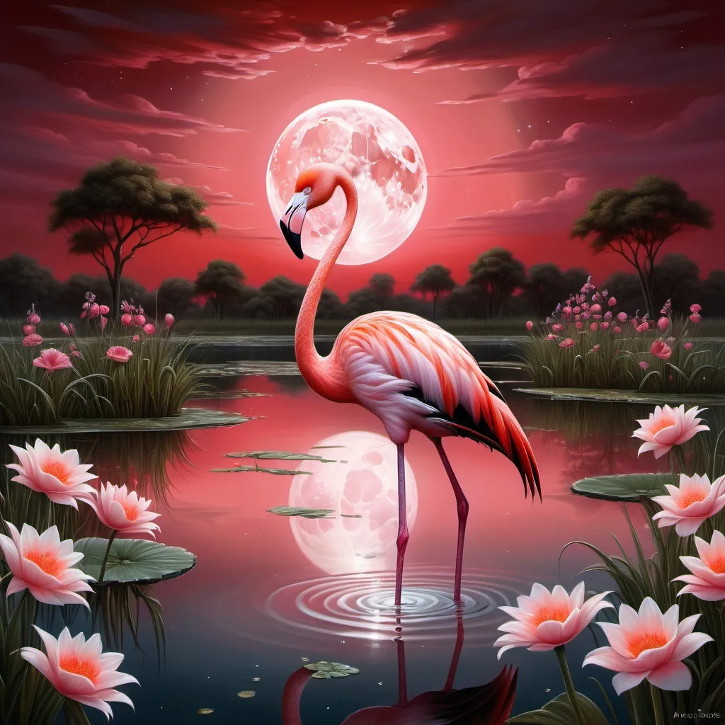 Prompt: a painting of a flamingo standing in a pond with flowers and a full moon in the background with a red sky, Anne Stokes, space art, highly detailed digital painting, a fine art painting