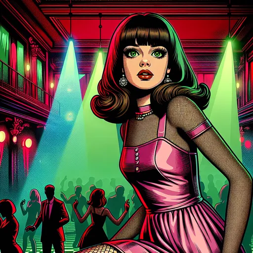 Prompt: Nightclub. Caucasian woman with brown bangs, big green eyes, full body shot, in pink satin pinafore minidress, spiderweb tights, dancing in a trance, nightclub, in red and green walls, Emma Geary, pop art, detailed facial features, professional art quality, fantasy, atmospheric lighting, red and green tones, detailed facial features, brunette bangs, detailed eyes, full body shot, professional art quality, fantasy, pop art, atmospheric nightclub lighting, pink satin pinafore minidress, spiderweb tights, red and green walls, dancing in a trance