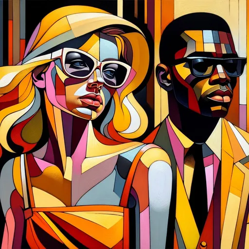 Prompt: Blonde Woman in orange sundress and glasses, man in yellow three piece suit, expressionism, dark orange yellow, vibrant use light shadow