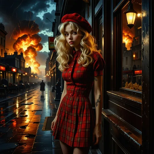 Prompt: (surrealism style mid waist portrait ), vibrant color scheme, (1941 London), shadowy streets at night, mid waist portrait of beautiful messy hair blonde woman in short red plaid dress, black fishnets 
, and red beret (highly detailed facial features) outside a quaint pub, search lights streaking through a tumultuous sky, vivid explosions lighting the dark atmosphere, bombed and ruined structures surrounding the scene, (dramatic), chaotic ambiance, high contrast between shadow and colorful explosions, (ultra-detailed), evocative imagery, sense of urgency and dread.