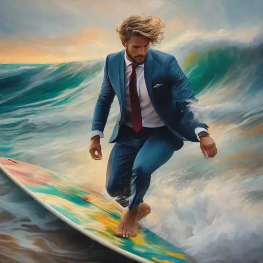 Prompt: Male surfer wearing a business suit with ragged cuffs revealing bare feet. Surreal multicolored wild waves. oil paint, Visible strokes, rough edges, muted colors.Warm lighting neutral UHD facial features, extreme action pose, a surfer, surfboard, business suit, bare feet