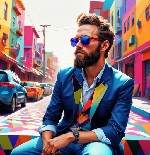 Prompt: (photorealistic), a man wearing sunglasses and a beard, striking pose, vivid background of (colorful geometric shapes), artwork by Android Jones, highly detailed digital painting, dynamic composition, vibrant colors, creative ambiance, ultra-detailed, captivating and lively atmosphere.