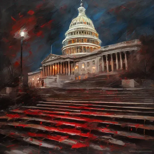 Prompt: Stylized impressionistic painting of the US Capitol by night, post-apocalyptic scene, ruins, large palette-knife strokes, red baseball hats scattered over the steps, intense and chaotic brushwork, dramatic lighting, best quality, highres, large brushstrokes, impressionistic, post-apocalyptic, ruins, dramatic lighting, intense brushwork, capitol building, red baseball hats, chaotic scene, nocturnal setting, professional