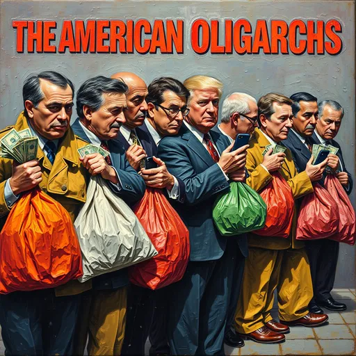 Prompt: (accurately spelled text "THE AMERICAN OLIGARCHS") thick impasto oil painting, vibrant colors, textured, bumpy paint strokes, lineup of men, varied sizes and ages, holding uniquely shaped bags full of money, some with cellphones, dynamic poses, rich and bold composition, high detail, dramatic atmosphere, captivating scene.