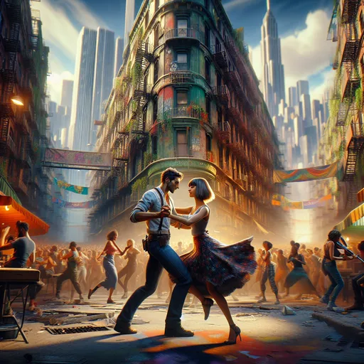 Prompt: Dancing Block party in a (misc-dystopian) post-apocalyptic street scene, (vibrant colors) swirling through the air, a tall, short brown hair man, and woman with medium length blonde bangs hair woman slow dancing embedded amidst a lively crowd, very crowded. Emotion and movement, her short and tight skirt surrounded by movement. An enchanting atmosphere with a live band performing on a tenement fire escape, capturing the essence of urban resilience. (Ultra-detailed) urban backdrop, full of textures and life, creating a unique and colorful juxtaposition.