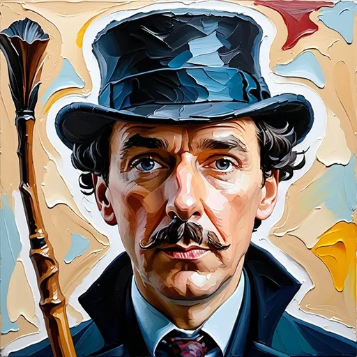 Prompt: thick impasto oil painting of Sherlock Holmes with deer stalk hat, cartoony , thick bumpy paint strokes