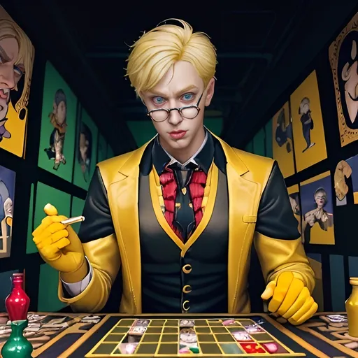 Prompt: The board game called “Clue” : blond man dressed as Colored Mustard holds a wrench. surreal board game based on "Clue", vibrant color tones, dramatic lighting, intense and chaotic atmosphere, detailed character expressions,  intricate game board background, whimsical and trippy elements, high level of detail, 4K, ultra-detailed faces, 2D illustration, trending on artstation
