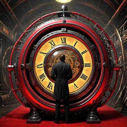 Prompt: Time traveler and his Victorian Time Machine, black and red, in the style of 1960 movie the Time Machine starring rod taylor, high contrast, digital art, detailed metallic machine, vintage futuristic, mysterious atmosphere, professional quality, sci-fi, steampunk, metal, yellow  tones, dynamic lighting