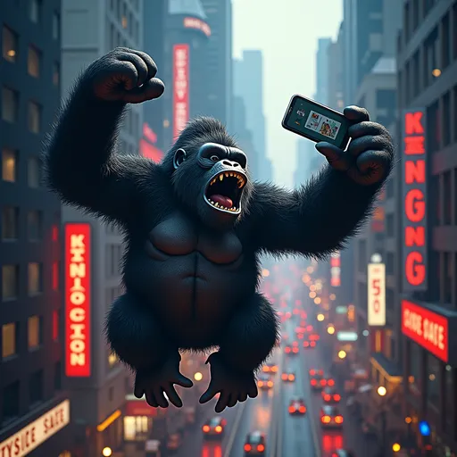 Prompt: (accurately spelled text "king kong"), (King Kong) hanging from a building holding a large cellphone, doing a selfie , bustling city backdrop, dynamic urban scene, modern design, (Chris LaBrooy) style, clean typography, vibrant colors, high contrast, contemporary art, visually striking composition of cellphone, dramatic lighting, cinematic atmosphere, 4K detail, captivating poster art.