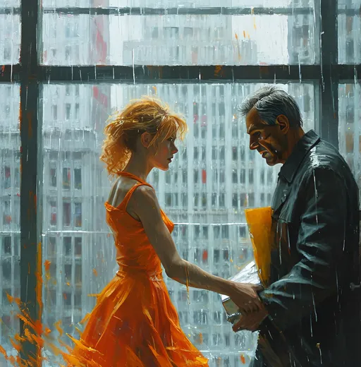 Prompt: (Surrealism style), FIGHT SCENE ATTACK dark color scheme, intense dynamic scene trapped inside a quartet of white office cubicles, windows show distant skyscraper, (an angry young man in orange
leather hoists a laptop over his head) and a (determined older man in yellow rain coat fights with a coatrack), ( frightened pretty wavy red ponytail hair woman in a very short slim flared floral miniskirt suit throws a vase, her body pressed against a cubicle wall, a janitor in white coat hurls a wastebasket dramatic tension, moody ambiance, high contrast shadows, textured brush strokes, detailed expressions of anger and determination, a suffocating cubicle atmosphere, ultra-detailed, HD. Surrealism style image, colored inks, gouache, triadic color yellow, green, orange. 