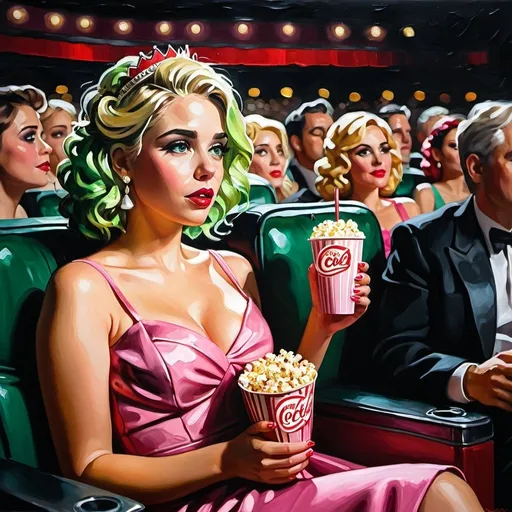 Prompt: Thick impasto oil painting, dark movie theater, crowded, glow illumination from screen, sad, tragic disheveled blonde-green hair, in 20s, pink cocktail dress, tiara, eating popcorn, drinking coke with straw, smeared makeup, crying, bumpy paint strokes, high quality, dark tones, dramatic lighting