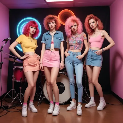 Prompt: Full body portrait of four members of an all-female band, artstyle-psychedelic, vibrant color scheme, retro 80s art, playing guitar, playing drums, singing into a microphone, tight jeans, very short miniskirts, (red hair), (brown hair), (blonde hair), (pink hair), different hairstyles, different color clothing, album cover, neon hues, high-energy atmosphere, electric vibes, dramatic lights, trippy patterns, abstract background, intricate details, ultra-detailed, HD.