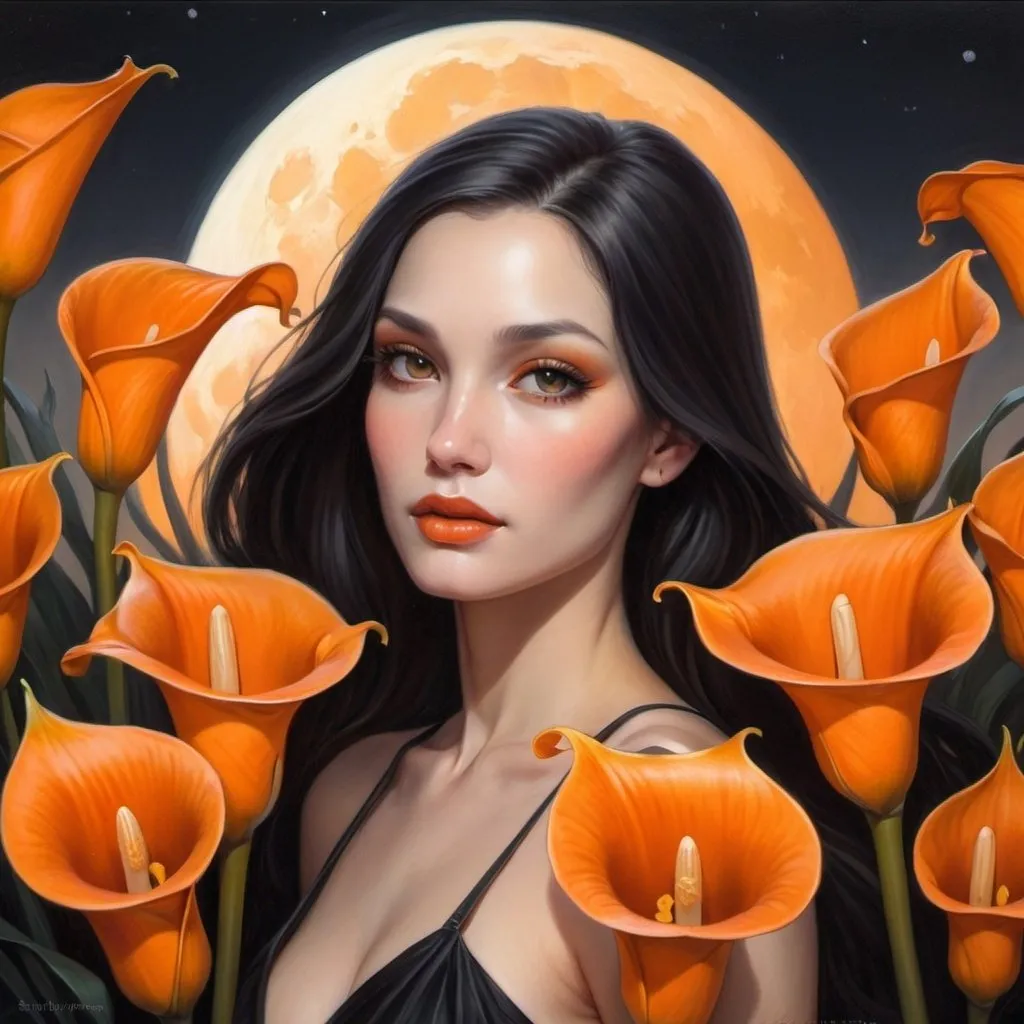 Prompt: a painting of a woman in a field of orange calla lilies with a crescent orange moon in the background , Artgerm, gothic art, stanley artgerm lau, a detailed painting