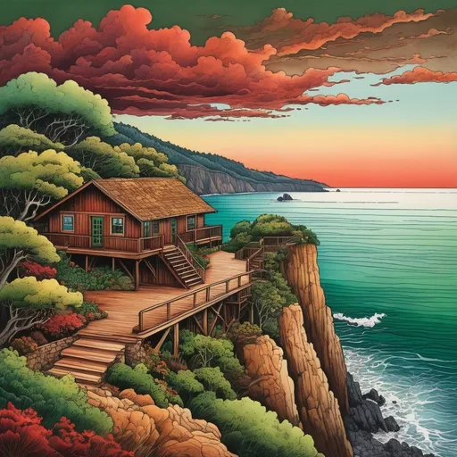 Prompt: Colored ink drawing of a very small brown one-story wooden house with brown deck perched on a steep dirt cliff, magnificent brown, green, and red clouds above, rocky beach and ocean below, detailed foliage and vines, high quality, colored ink, magnificent clouds, detailed house, steep cliff, rocky beach, ocean, natural colors, atmospheric lighting