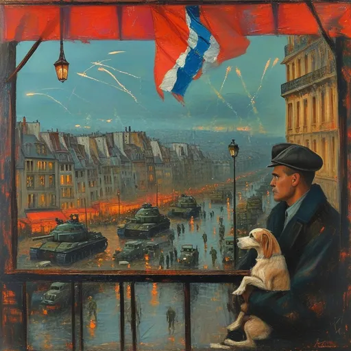 Prompt: (surrealism style portrait ), vibrant color scheme, (1941  Paris), shadowy streets at night with German tank in distance , soldiers in background, tattered French flag, Bo,mbed broken car,portrait of a man holding dog (highly detailed facial features) outside a cafe, search lights streaking through a tumultuous sky, vivid explosions lighting the dark atmosphere, bombed and ruined structures surrounding the scene, (dramatic), chaotic ambiance, high contrast between shadow and colorful explosions, (ultra-detailed), evocative imagery, sense of urgency and dread.