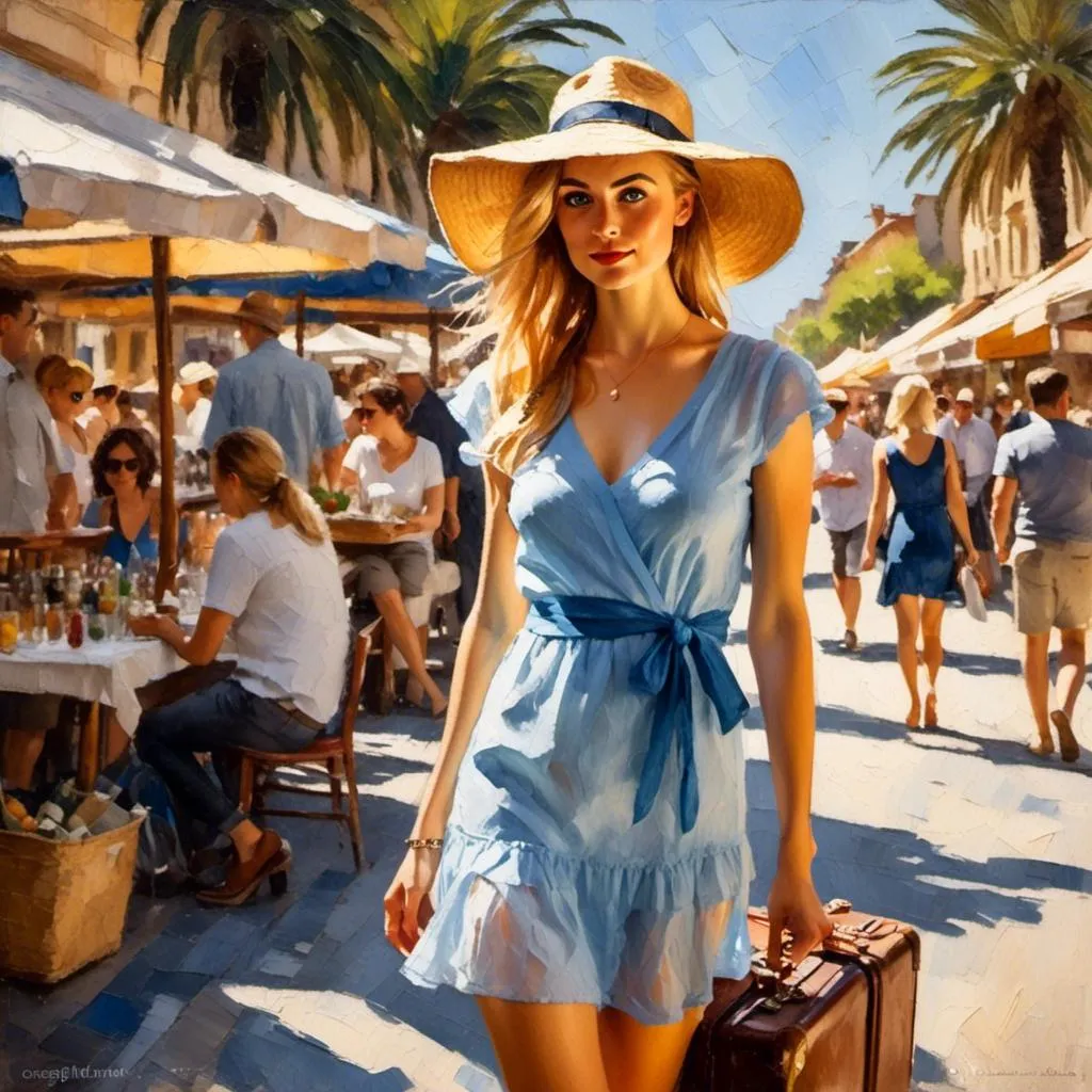 Prompt: <mymodel> thick impasto oil paints illustration of a young blue eyed woman in a transparent very short mini sundress through which the sun is shining. She is a tourist. Suitcase in hand. European street market