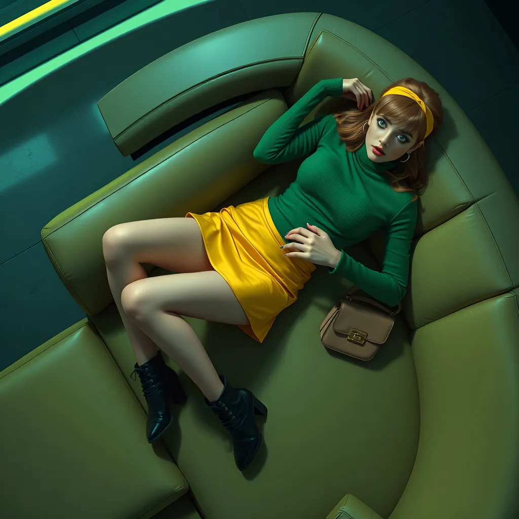 Prompt: Aerial view from above. Pulp style graphic novel, (full body) ( sad and emotional (22 year old very slender  reddish blonde chin length hair)  blue-eyed woman is lying on a futuristic couch, (exposing  perfect legs) in a very short yellow satin mini skirt and green turtleneck, (ankle boots, stylish purse, yellow headband),  (atmosphere filled with tension) and concern, (dim lighting creates a moody ambiance), ultra-detailed, high quality, cinematic composition, aerial view.