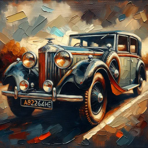 Prompt: <mymodel>Thick impasto portrait of a vintage Humber Super Snipe, oil painting, detailed brush strokes, vintage car art, classic vehicle, textured canvas, high quality, vintage, impasto, classic style, rich colors, dramatic lighting