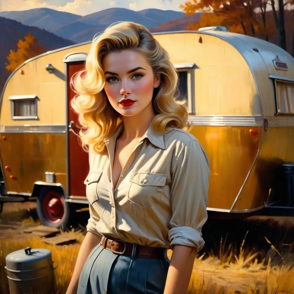 Prompt: Shy beautiful woman, 25, disheveled, stringy blonde hair, distressed clothes, she is in golden spotlight leans against vintage trailer, seen in mid-distance. Several detailed Appalachian characters can be seen in background, other trailers,  vintage oil painting, expressive brushstrokes, warm earthy tones, dramatic lighting, James Avati style, 1956 trailer camp, professional, detailed face, vintage, dramatic atmosphere, high quality, warm tones, detailed brushwork, emotional lighting