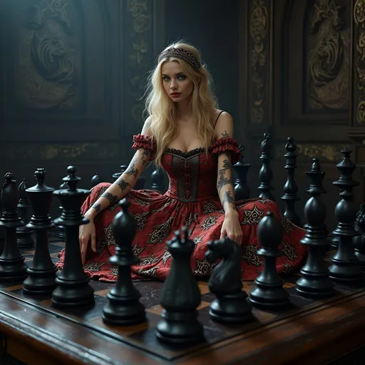 Prompt: A majestic, intricately carved, life-size chessboard, rendered in rich, dark wood tones, with 63 squares of polished obsidian, each adorned with a black chess piece, exuding an aura of mystery and sophistication. Amidst this sea of darkness, a lone, illuminated square stands out, featuring a sinister beautiful blonde woman with headband, resplendent in a tattered, multicolored diamond-patterned red and white dress, posed as a chess piece, surrounded by chess pieces, her mischievous eyes seeming to gleam with malevolent intent. The jester's design is reminiscent of the works of Zdzisław Beksiński, with its blend of medieval and surreal elements, while the overall atmosphere is evocative of the moody, high-contrast lighting found in the art of Ash Thorp and the intricate textures of Simon Stalenhag's illustrations.