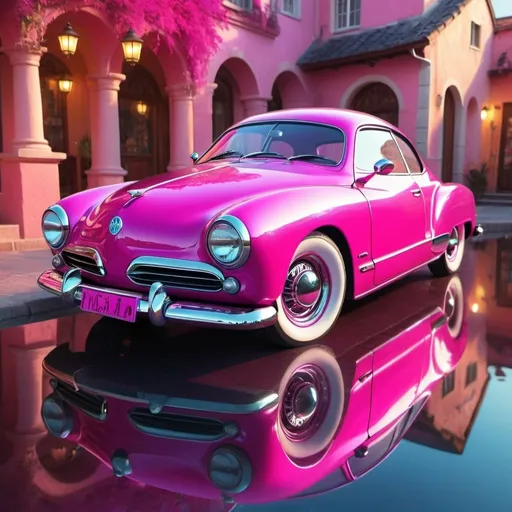 Prompt: Vibrant hot pink Kharmann Ghia, fantasy art, full view from a downward angle, detailed reflections on the car body, magical atmosphere, whimsical style, high quality, fantasy, hot pink, detailed reflections, vibrant, whimsical, atmospheric lighting