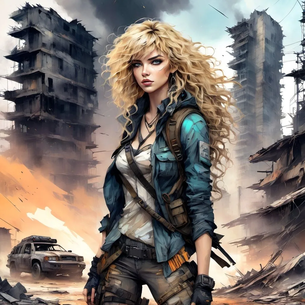 Prompt: Post-apocalyptic slender but rugged female curly blonde with bangs,  traveler, realistic digital painting, shattered buildings, tattered clothing, backpack, futuristic weapon, dusty atmospheric setting, intense and determined expression, high quality, ruined buildings, detailed, realistic, post-apocalyptic, traveler, dusty, atmospheric, intense expression