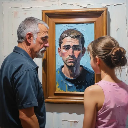 Prompt: thick impasto oil painting of sad man looking at a framed photo of a happy tween girl, thick bumpy paint strokes