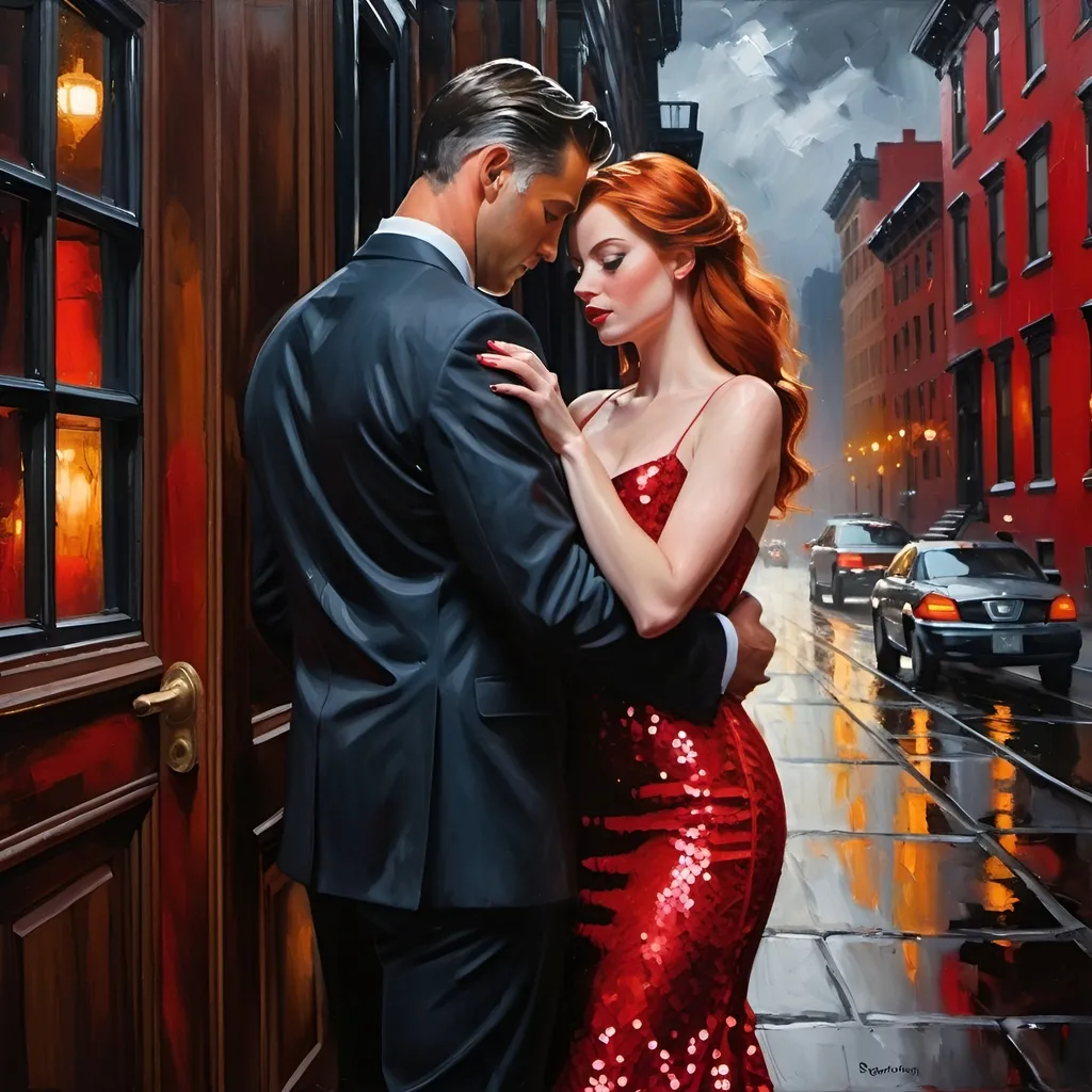 Prompt: Thick impasto with bumpy strokes. A handsome man  helps  a pretty Drunken redhead female debutante, 18, in bright red sequined party dress up to her New York City front door,  oil painting, desolate surroundings, gritty realism, dark and somber tones, dramatic lighting, ultra-detailed, emotive, expressive faces, brownstone building in the background, reflective lighting, oil painting, desolate, gritty, dramatic lighting, somber tones, expressive faces