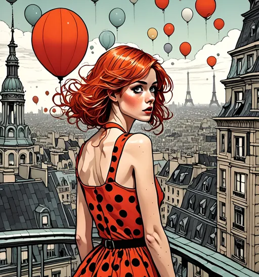 Prompt: <mymodel>stunning amber eyes, detailed matching eyeshadow, dark mascara, dark eyeliner, emo makeup) flying 
off a rooftop in Paris by holding onto a giant air balloon.  Woman in very short flared red polka dot minidress, upward perspective, detailed, graphic novel illustration,  2d shaded retro comic book