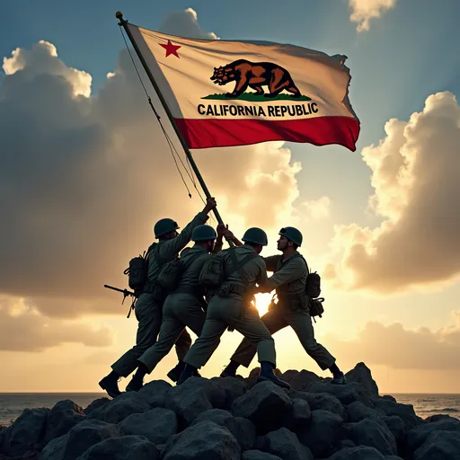 Prompt: Four soldiers (heroic stance), rigorously lifting the California flag, accurate lettering on flag reads “ CALIFORNIA REPUBLIC”World War II, Iwo Jima iconic background, tense atmosphere, dramatic clouds casting shadows, vibrant colors highlighting the flag, realistic details on soldiers' uniforms and expressions showing determination, intense dedication, historical significance, ultra-detailed, high-quality 4K image.