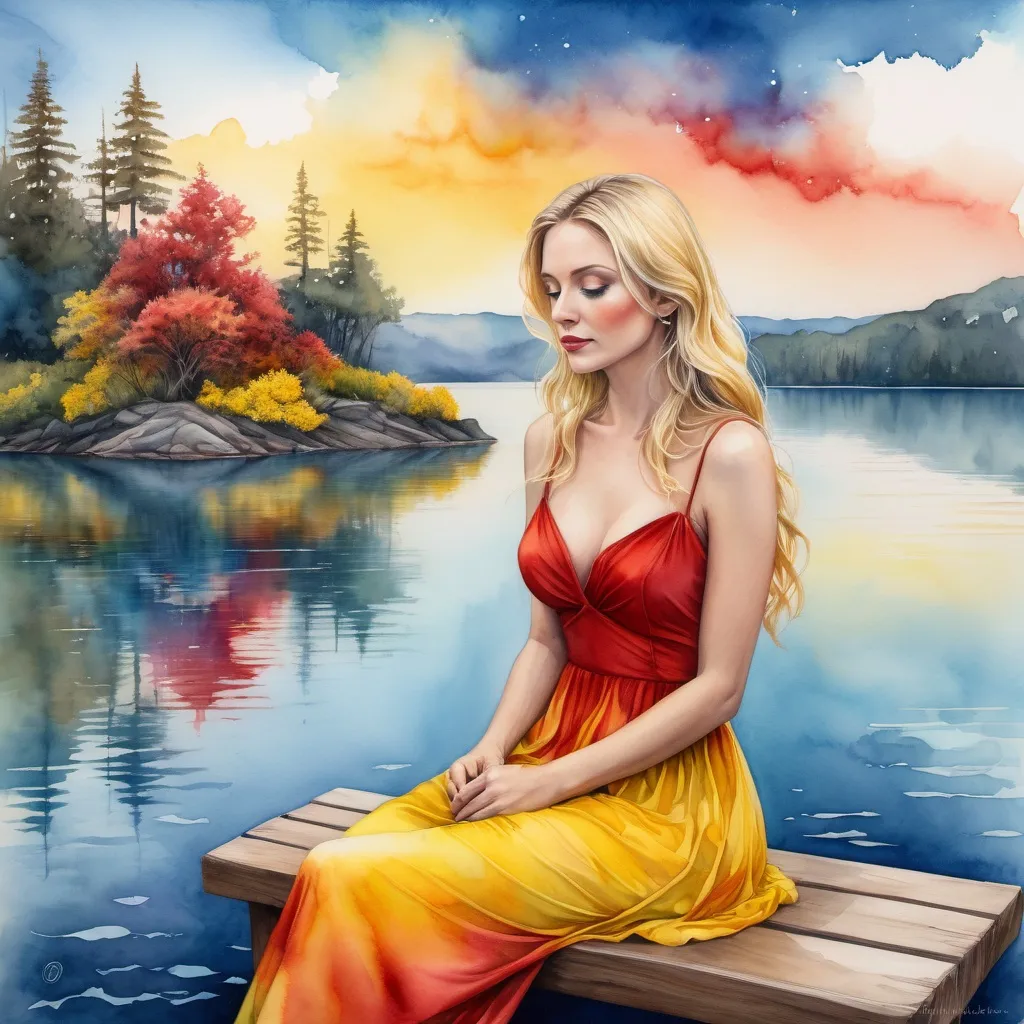 Prompt: Lonely blonde woman, 35, with UHD facial features, blue eyes, red and yellow dress, sitting on a bench on a small island in the center of a surreal, magical, and mysterious lake, red, yellow, and brown inks, mixed media watercolor and colored pencils, small waves, detailed facial features, blue eyes, dreamy atmosphere, high quality, mixed media, surreal, emotional, magical, small island, weeping woman, colorful inks, lonely, bench, mystical, detailed reflections, peaceful, atmospheric lighting