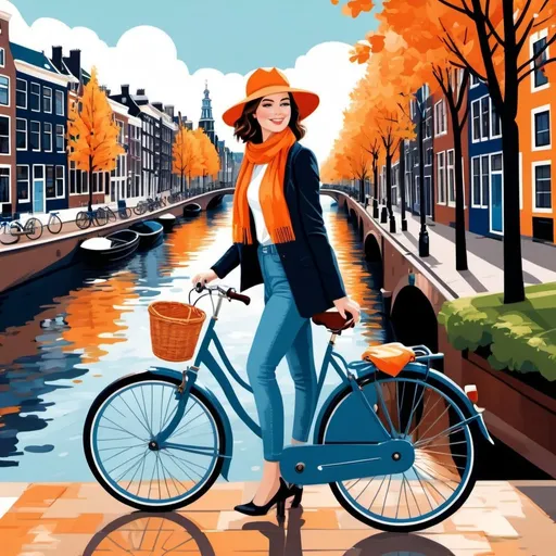 Prompt: Amsterdam canal illustration, 2D flat art, woman with short brunette hair on blue bicycle, wearing orange hat and long scarf, bike basket with white dog, vector art, cloudy day, cover art, bright colors, cute illustration, charming bridge, canal reflections, detailed illustration, vibrant, professional, atmospheric lighting