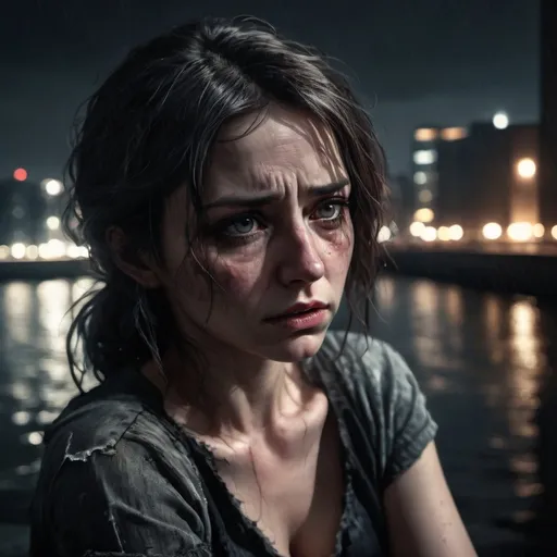 Prompt: Woman, 30s, on suicidal side of a building, intense sadness, tearful emotions, high quality, dark and gritty, realistic style, moody lighting, high contrast, water setting, detailed facial expression, dramatic pose, distressed skirt, city lights casting a somber glow, intense emotions, realistic, urban, detailed facial expression, highres, moody lighting, dramatic pose