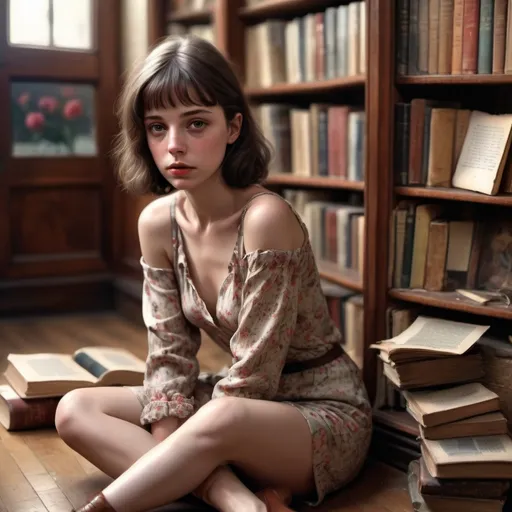 Prompt: 8k, photorealistic, cover girl photography, short brunette woman, very sad and lost, tearful. slender, 25, loose floral outfit, it’s summer and hot. Fan whirring. hyper realistic, sitting on floor of an old antique bookstore, books piled on the floor, packed bookshelves, reading, warm natural lighting, detailed facial features, vintage aesthetic. Tennessee Williams vibe mixed with Carson McCullers.