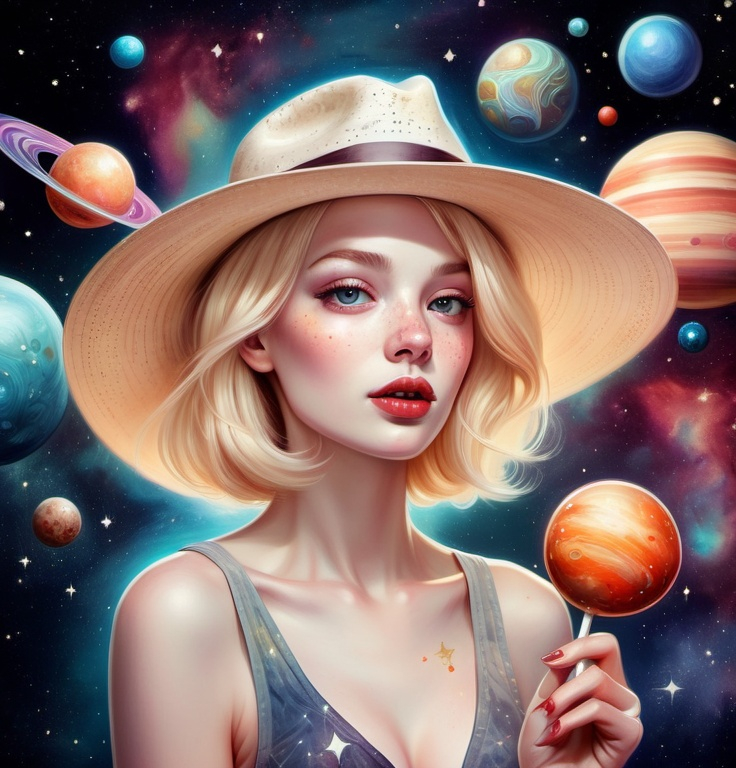 Prompt: a blonde short hair woman with  blemished, freckled natural textured pale skin, with a Panama hat hat holding a lollipop in her hand and a space background with planets and stars, Anna Dittmann, space art, highly detailed digital painting, a pop art painting