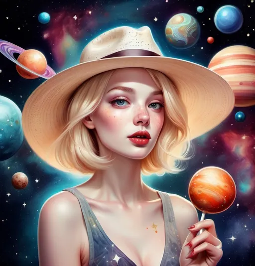 Prompt: a blonde short hair woman with  blemished, freckled natural textured pale skin, with a Panama hat hat holding a lollipop in her hand and a space background with planets and stars, Anna Dittmann, space art, highly detailed digital painting, a pop art painting