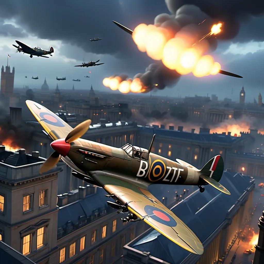 Prompt: third person gameplay, (British man), blond hair, (running motion), spitfire fighting planes. Bombs, Klein lights, in sky background, sky lit up by explosions, bombed Buckingham palace , rainy streets of 1940s London at night, (bright colors), (blue atmosphere), cartoony style, (vivid details), intricate painting of the Blitz, (dynamic action), dramatic lighting, ultra-detailed, engaging composition, emotionally evocative scene.