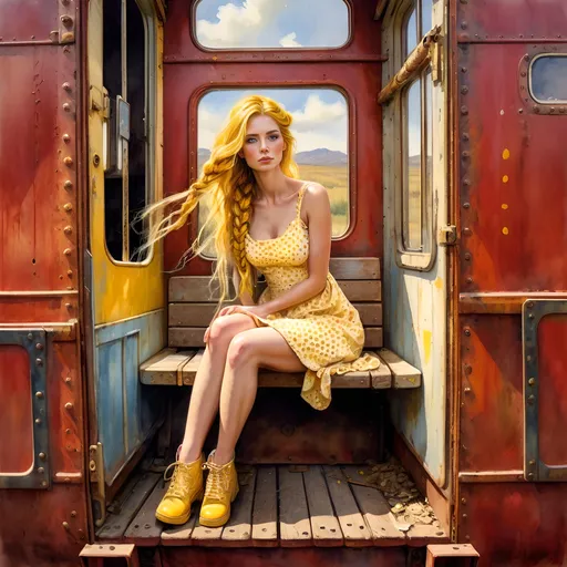 Prompt: <mymodel> (woman with long messy yellow thick braid hair and (natural textured skin freckles) sitting in the open door of a red railroad car), (short light brown beige polka dot dress), (perfect legs crossed), vibrant yellow railroad car, colorful inks, (watercolor style of Steve Hanks), palette knife brush strokes, bumpy textures, whimsical feel, (figurative art), breezy atmosphere, bright sunlight, detailed background, (promotional image), ultra-detailed, high quality.