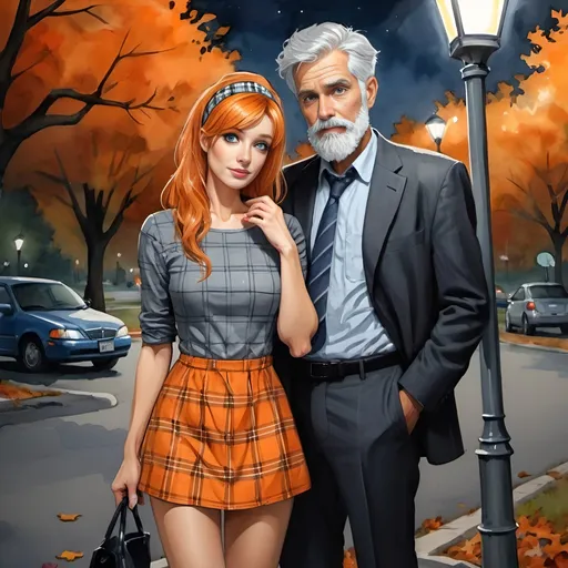 Prompt: 4k, high resolution, detailed, mixed media, colored inks, gouache, watercolor, dramatic, expressionism, night. Streetlights. Medium length orange hair woman and happy well groomed gray-haired, gray bearded, man lean streetlamp, park, autumn, street light, blue eyes, short orange hair with headband , cute orange plaid minidress reveals legs ,focus on legs, high heels, close up, dark colors , night,  detailed eyes, dramatic expression, autumn park, orange plaid minidress , professional, fashion 