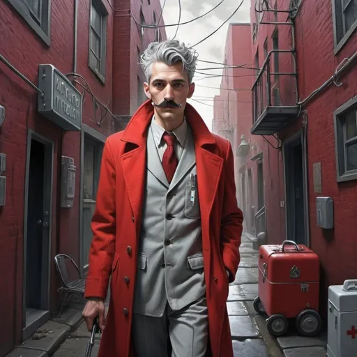 Prompt: Surreal Art deco style illustration, strong colors, Surrealism, bizarre, fantastical, fantasy, a magical citi street, strange alleyway, A man with an open medical kit   25 year old, unkempt wild short spikey gray hair, mustache,  long red and white coat, Surreal, detailed facial features 