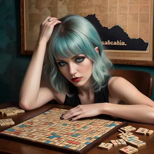 Prompt: (Older blonde bangs hair 30 year old woman sitting in front of antique map from movie  of Casablanca), face made of scrabble tiles), detailed eyeshadow, mascara, eyeliner, emo makeup, (playing with a giant scrabble puzzle), intricate jigsaw piece details, (artistic style of Stanley Artgerm Lau), surreal vibe, moody lighting, captivating ambiance, high contrast shadows, vibrant colors, ultra-detailed, visually rich composition.