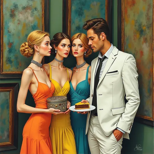 Prompt: Many person portrait of man (in white tropical suit) and very slender small waist women in very short flared skirt suits ) staring at each other. Green , orange and yellow tones. Ink drawing. Acrylic, gouache, colored pencils, watercolor, mixed media. Charming FULL BODY portrait of very slender pale blue eyed blond-brown-yellow- orange-reddish haired  beautiful females who (holds an ornate silver box)  looks like actress Claudia Jessie and rebecca Ferguson , silver choker, square neckline , long necklace with long dangling jewel headband. The man is tall, very slender (and holds a white plate with a slice of chocolate cake in his hands). Large framed portraits by Steve hanks, Robert Maguire, Milo manara,  room with colorful walls, window with view, vibrant and cluttered, high-contrast art, 4k, detailed, frames, impressionist, modern, vibrant colors, artistic chaos, surreal lighting