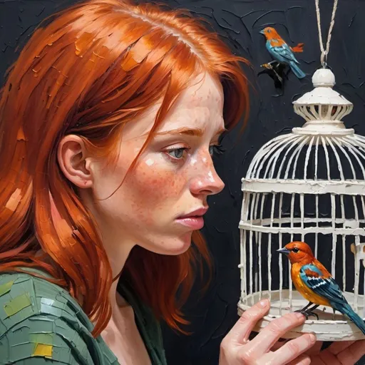 Prompt: thick impasto oil painting of freckled redhead looking at a bird cage, thick bumpy paint strokes