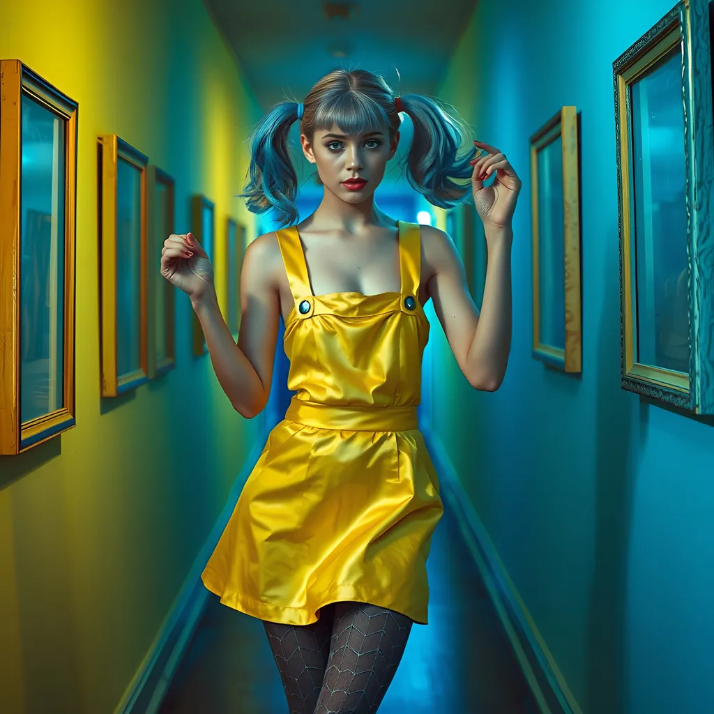 Prompt: Walls have empty frames. Caucasian woman with blueish blonde pigtails, big blue eyes, full body shot, in yellow satin pinafore very short minidress, spiderweb tights, dancing, in yellow and blue corridor, Emma Geary, pop art, detailed facial features, professional art quality, fantasy, atmospheric lighting, yellow and blue tones, detailed facial features, blue-blonde pigtails, detailed eyes, full body shot, professional art quality, fantasy, pop art, atmospheric lighting, yellow satin pinafore minidress, long legs, spiderweb tights, blue and yellow corridor, dancing with serenity 