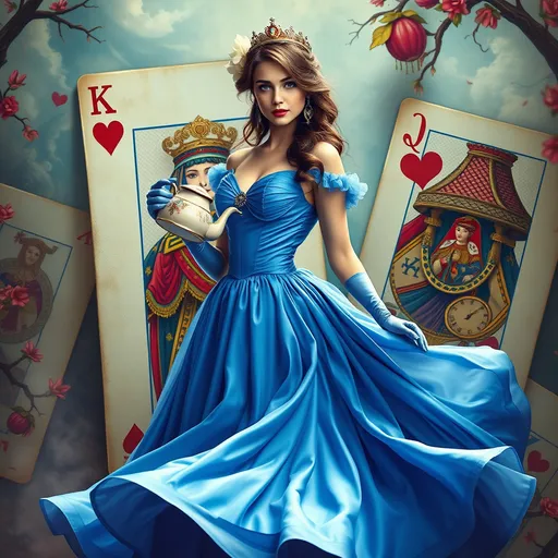 Prompt: fantasy princess, (vibrant colors), (detailed features), slender small waist, 30-year-old, resembling actress Claudia Jessie in Bridgerton, wearing a (flowing BLUE empire dress), (holding a teapot), adorned with glamorous gloves, (emerging from a life-size playing-card canvas), enchanting atmosphere, whimsical background, dynamic composition, ultra-detailed, 4K quality, a sense of magic and wonder.