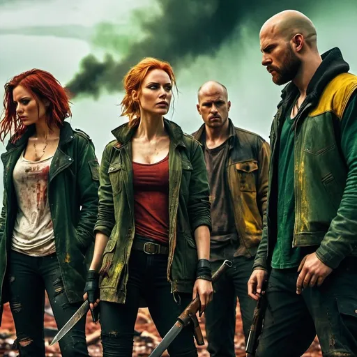 Prompt: Apocalyptic scene of four survivors, blonde woman, brunette woman, bald man, redhead man, distressed clothing, axe, knife gun, UHD facial features, torn and tattered clothing, exhausted, intense profile, post-apocalyptic setting, gritty artistic style, green, red and yellow tones, dramatic lighting, detailed facial features, highres, detailed