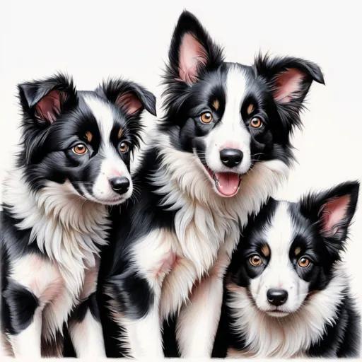 Prompt: Colored pencils drawing of three young black and white border collie with pointy ears, realistic fur details, vibrant colors, adorable expressions, high quality, colored pencils, detailed fur, adorable puppies, pointy ears, vibrant colors, realistic, highres, cute, puppies, drawing, multiple, playful, lively, pointy ears