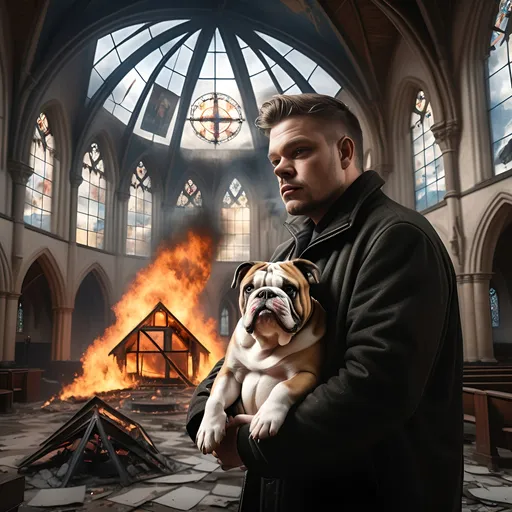 Prompt: a man holding a English bulldog in a destroyed vaulted ceiling English church with broken large stained glass windows and a plane on fire in the background and a fire pit in the foreground, Artur Tarnowski, neo-romanticism, cinematic photography, a photorealistic painting