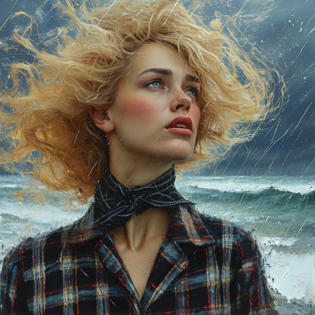 Prompt: Intense abstract blonde woman in plaid pinafore minidress and sheer black tights is trapped in the storm, night, storming rain and wind taking place on an ocean promenade by a public beach.  Create a breathtaking tactile texture impasto painting with rough, smooth, bumpy and scratchy surface of an abstract amateur